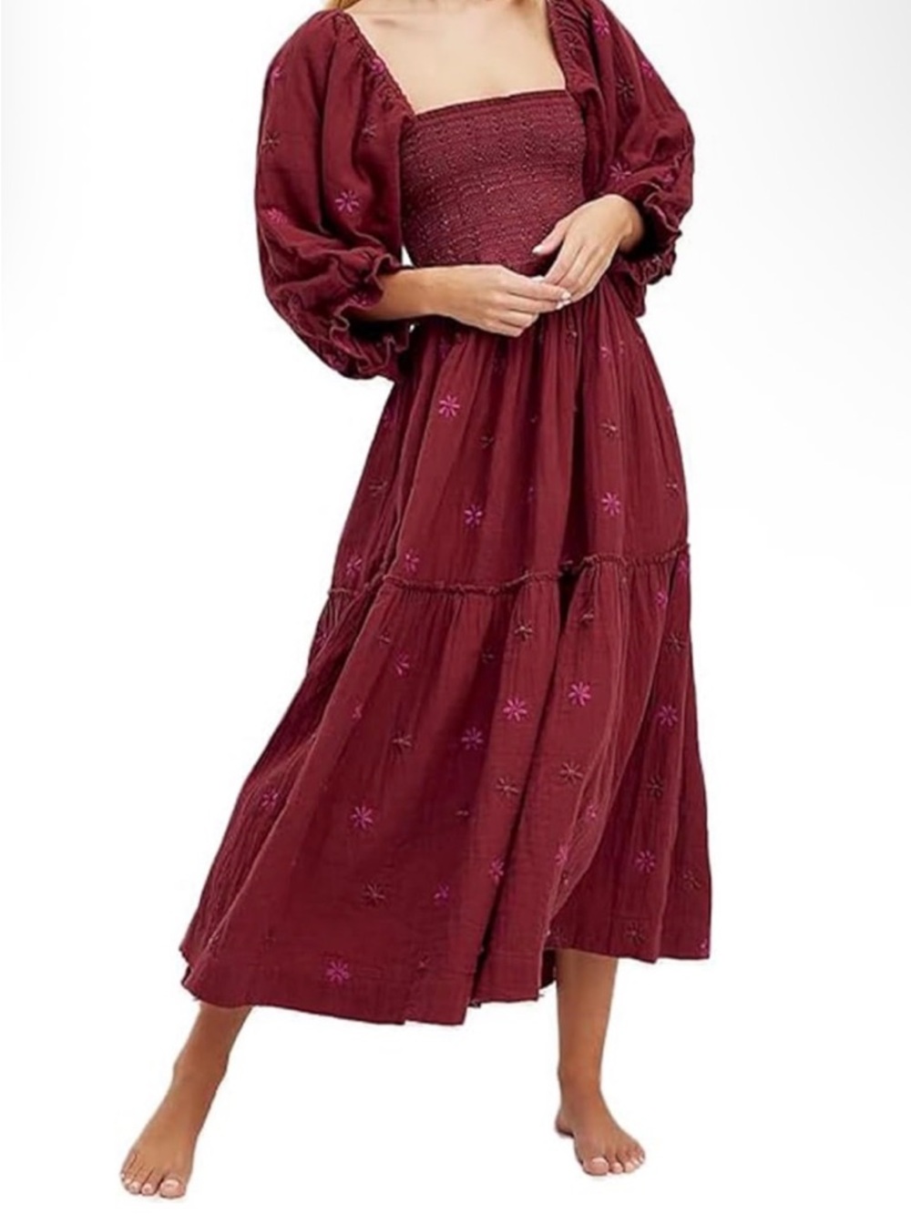 ABYOVRT Women Floral Embroidered Maxi Dress Long Puff Sleeve sz large